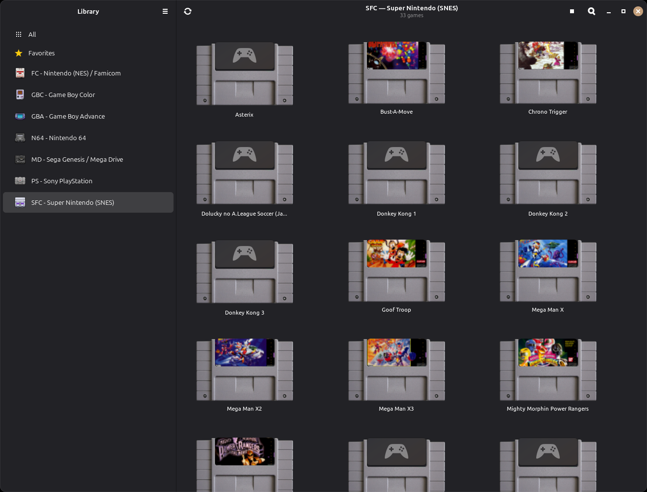 OpenEmux library view showing SNES games with cover art