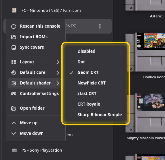 Le sous-menu Shader par défaut, encadré