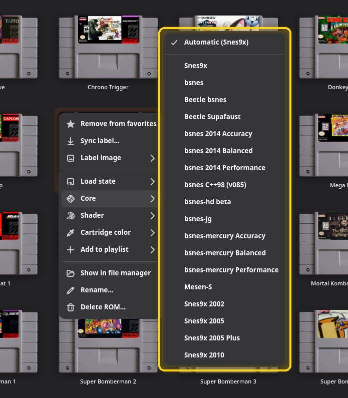 Le sous-menu Cœur d’un jeu, encadré
