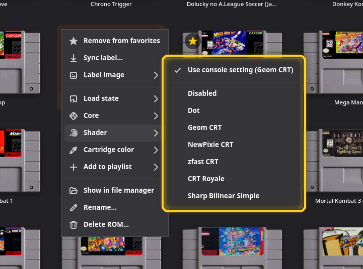 Le sous-menu Shader d’un jeu, encadré