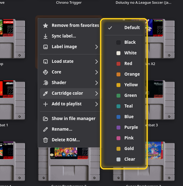 Le sous-menu Couleur de la cartouche, encadré