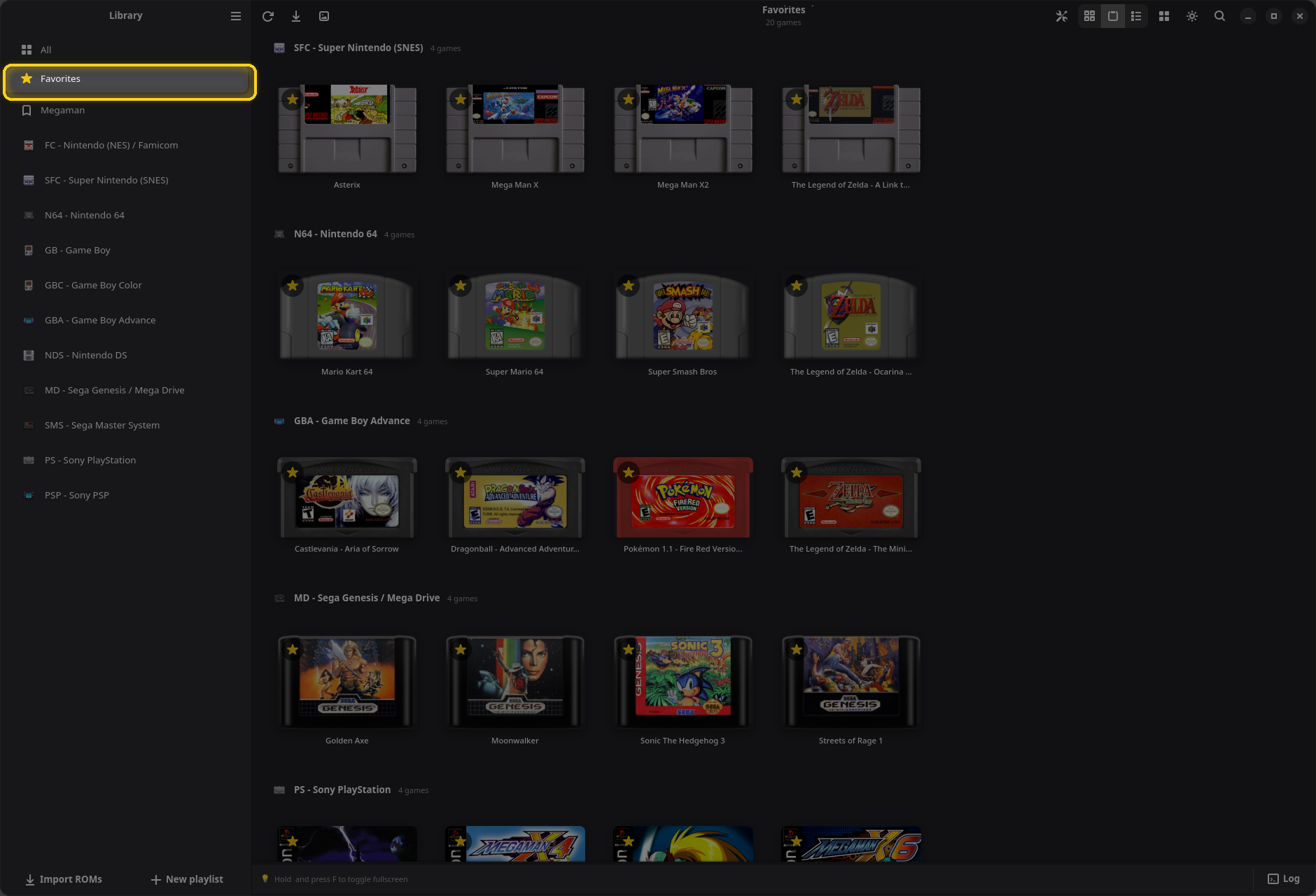 La page Favoris groupée par console, avec sa ligne encadrée