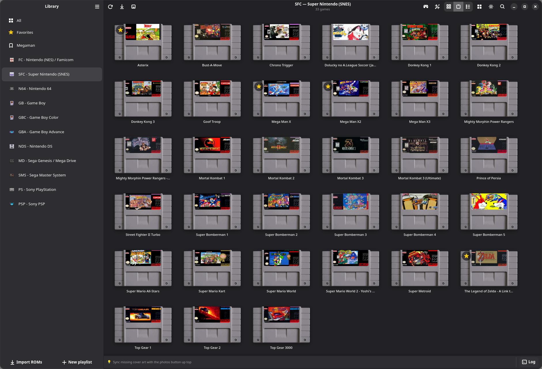 La fenêtre d’OpenEmux avec une bibliothèque Super Nintendo en affichage cartouches