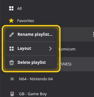 Le menu d’une playlist dans la barre latérale, encadré
