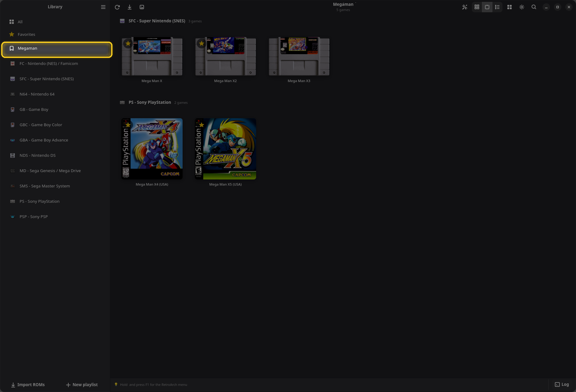 La playlist Megaman, avec des jeux Super Nintendo et PlayStation
