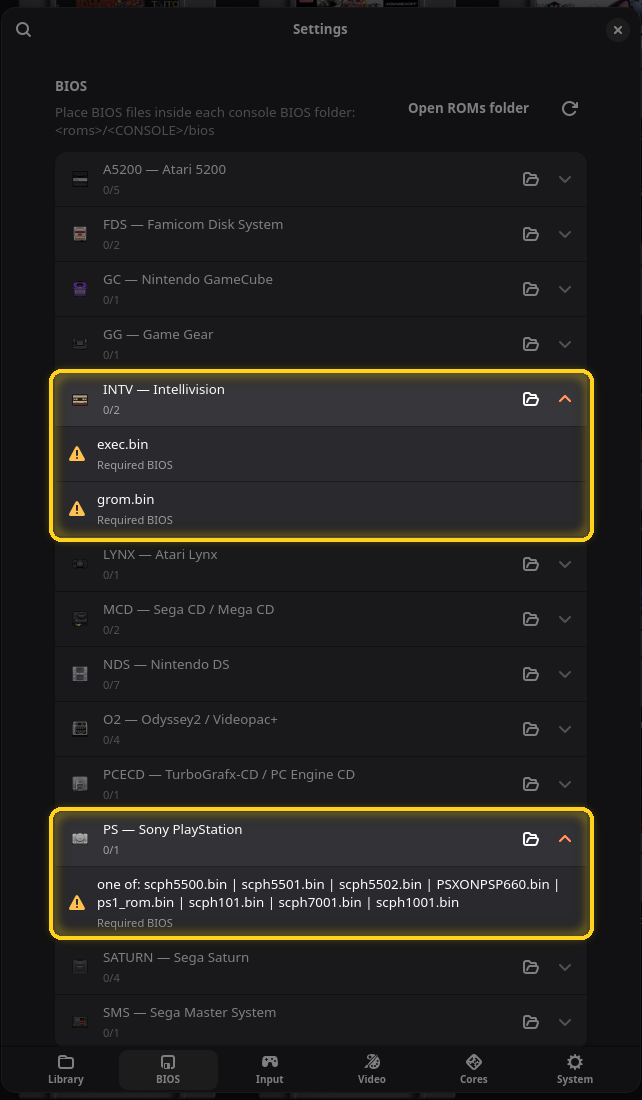 La page BIOS avec deux consoles dépliées, encadrées