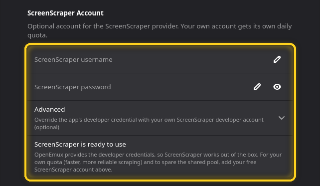 Paramètres, page Bibliothèque, le groupe Compte ScreenScraper