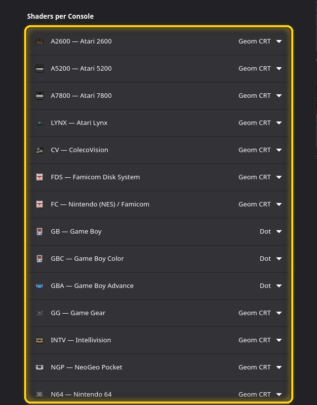 Le groupe Shaders par console