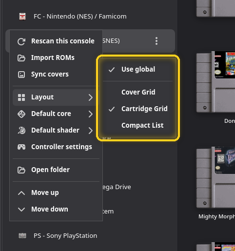 Le menu d’une console avec le sous-menu Disposition, encadré