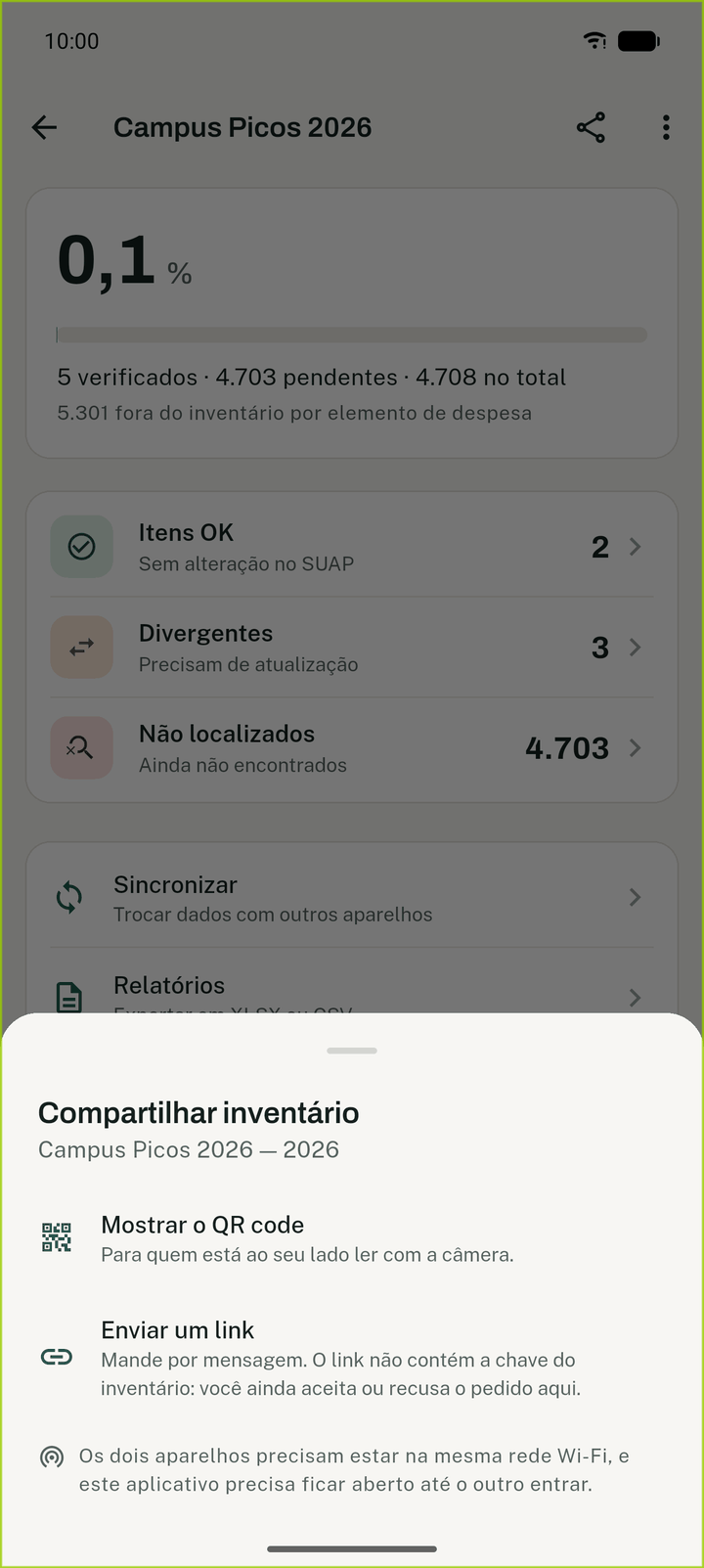 Compartilhar o inventário por QR code ou link