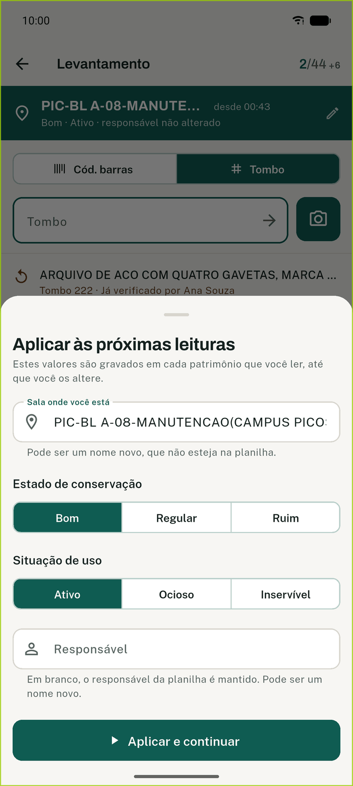 Configuração das leituras: sala, responsável, estado e situação