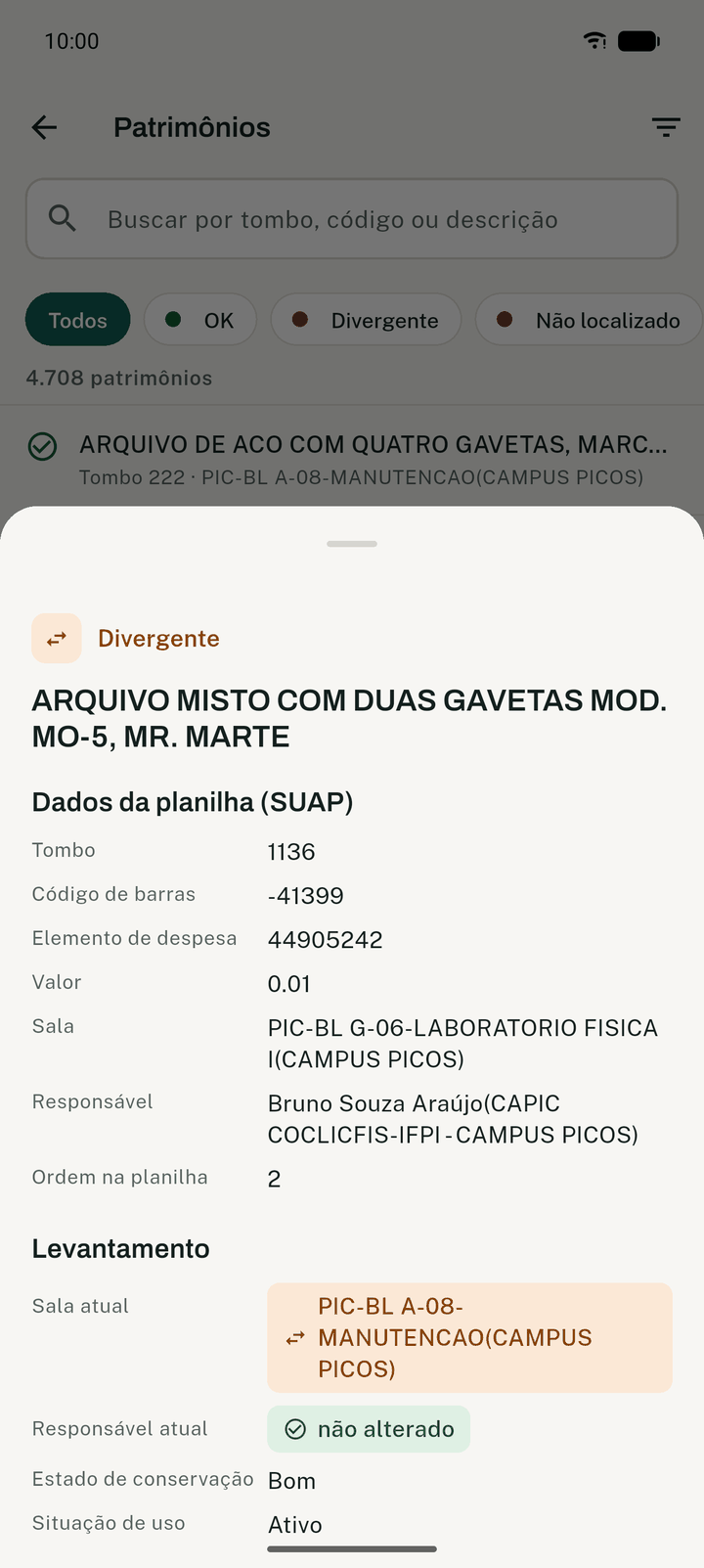 Detalhe de um patrimônio: dados da planilha e do levantamento
