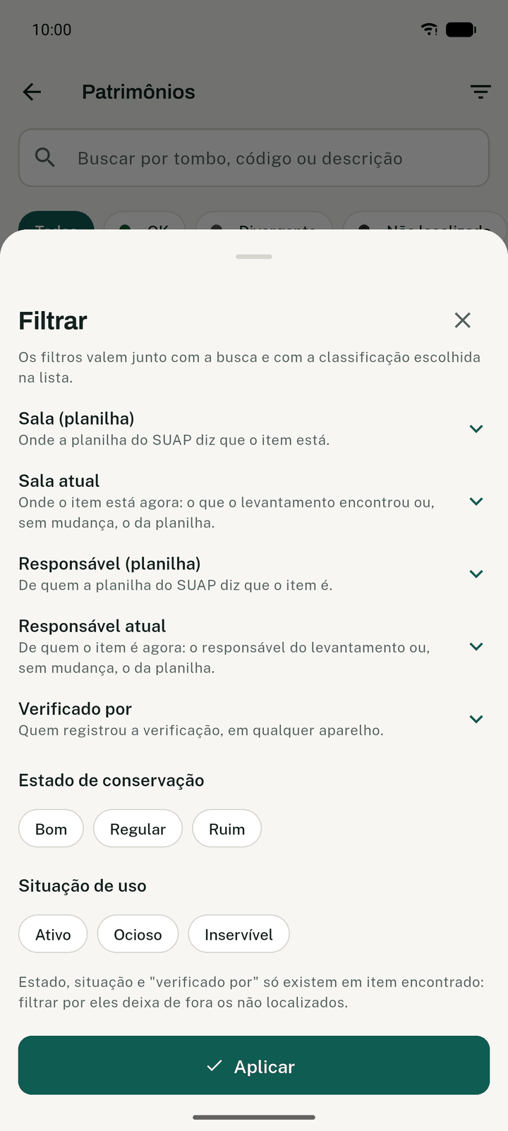 Filtro por sala, responsável, estado, situação e quem verificou