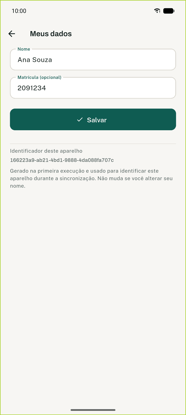 Tela de identificação: nome e matrícula, sem senha