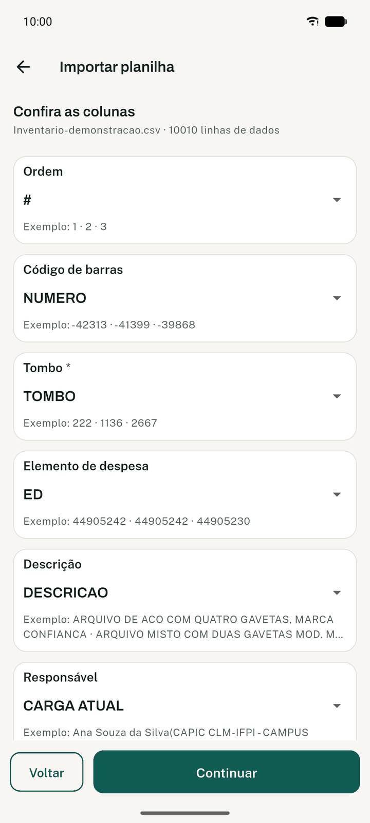 Conferência das colunas da planilha do SUAP antes de importar