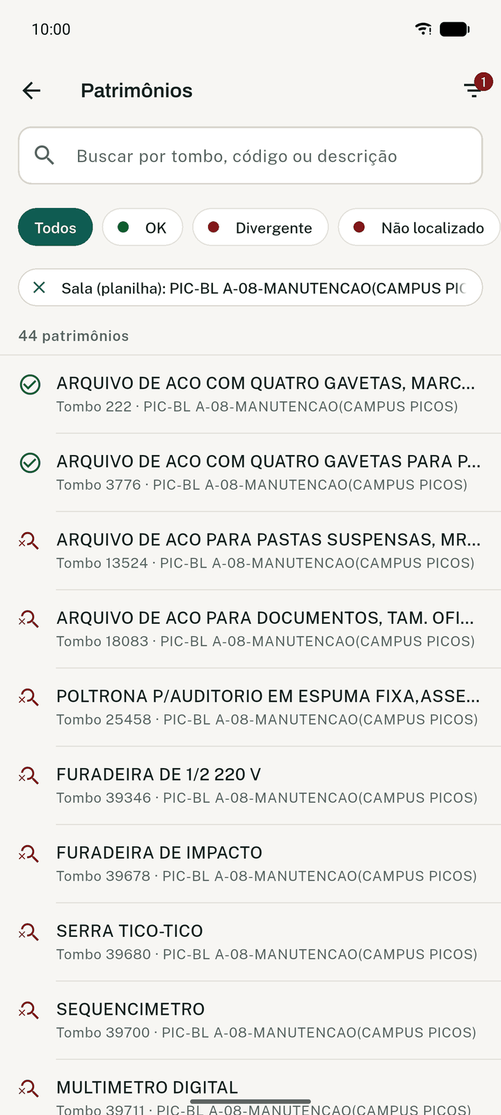 Todos os itens, com busca e filtros por sala, responsável e situação