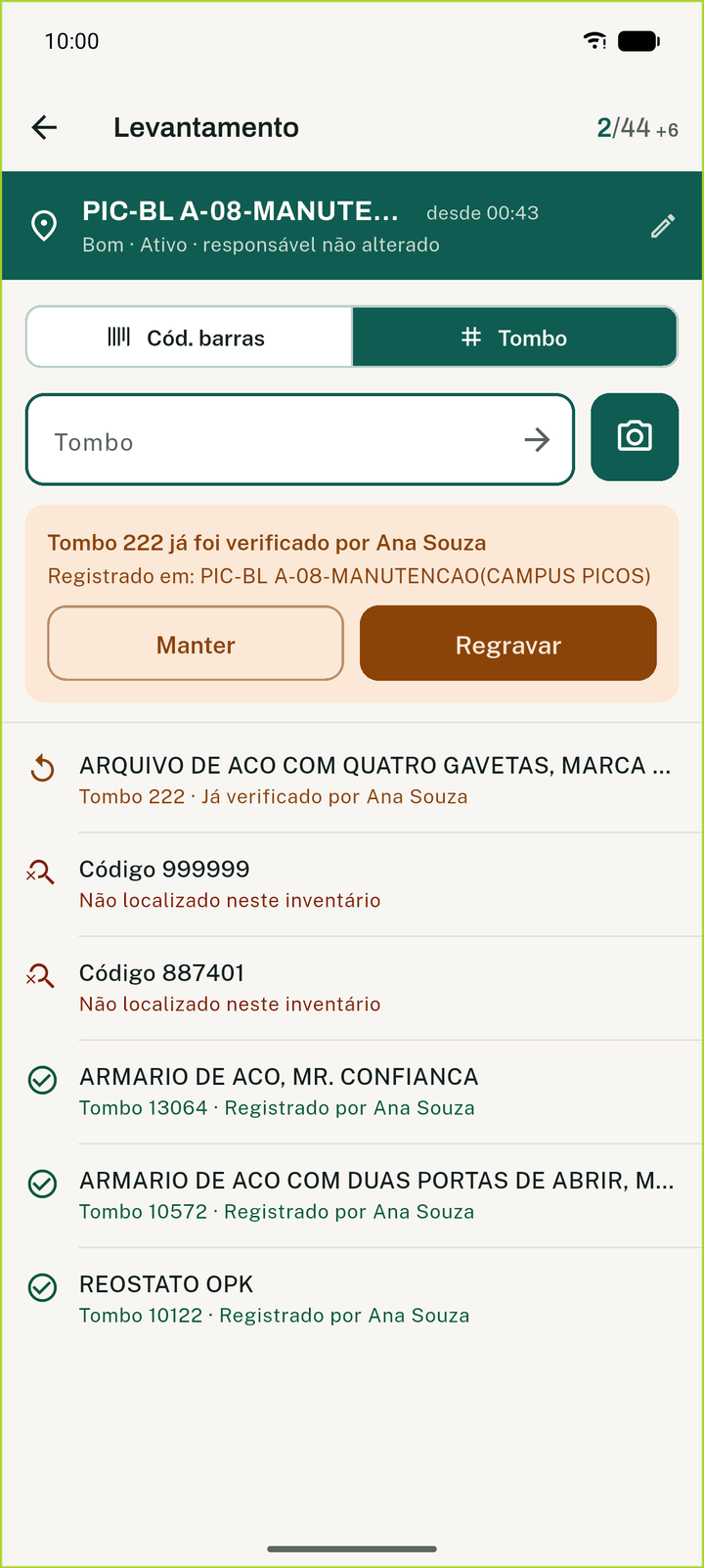 Levantamento: leitura registrada, com a lista das últimas leituras