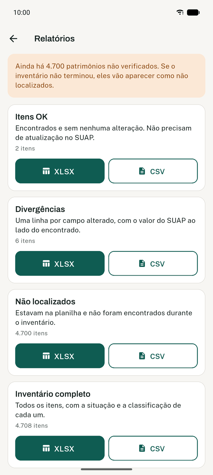 Relatórios em XLSX ou CSV, um por grupo